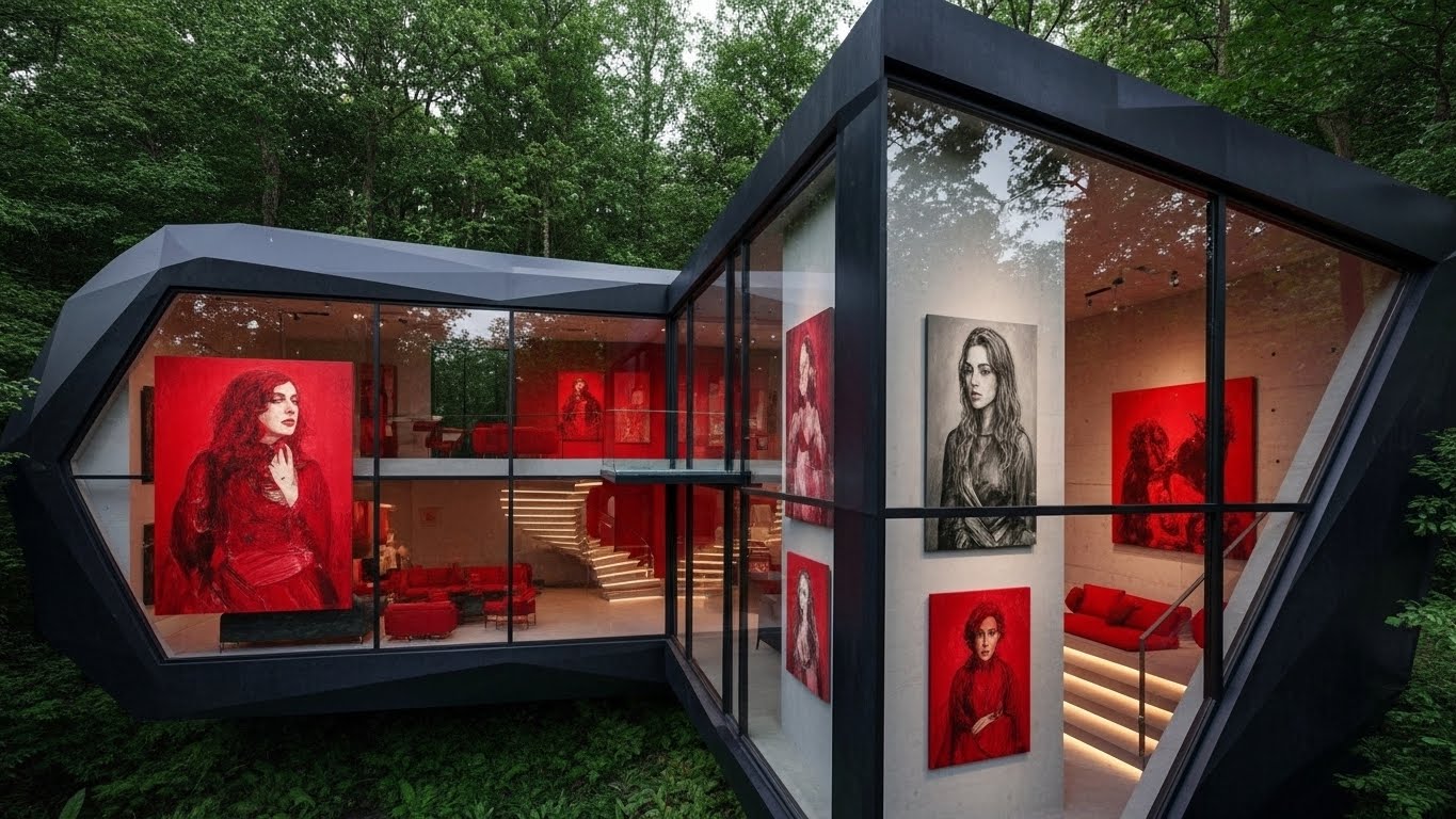 There are 7 artworks of the women in the walls placed randomly on the 3d futuristic architecture. The exterior is futuristic and round 3d architectural. There are red interior design elements on the picture. These artworks are some red, some stunning gray. The artworks are in different sizes. Camera is moving from the exterior to interior. The exterior is futuristic AI 3D arcitectural imaging. Be creative. The people are walking inside the house talking